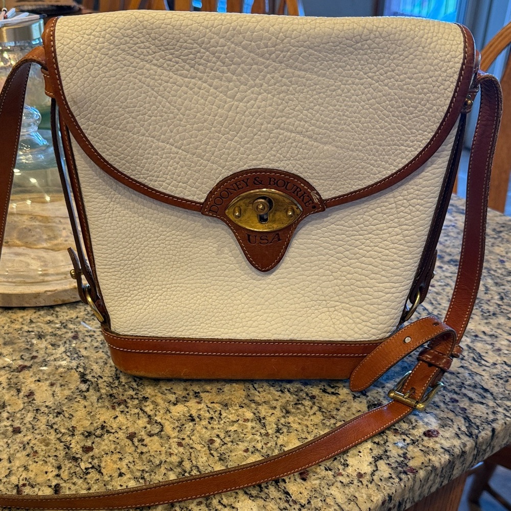 Dooney & Bourke White Pebbled Leather Crossbody with Brown Trim